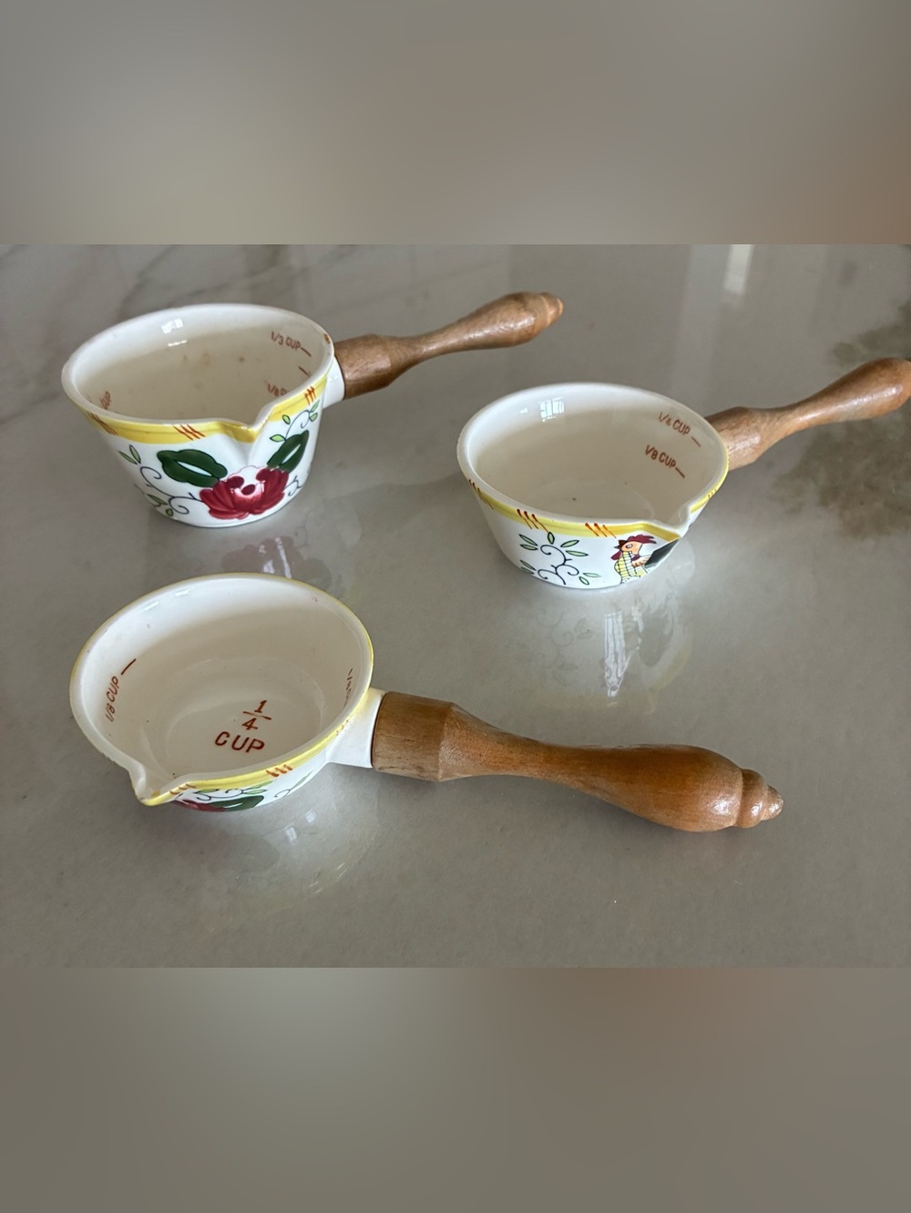 Vintage Hand-Painted Ceramic Measuring Cups with Wood Handles - Set of 3